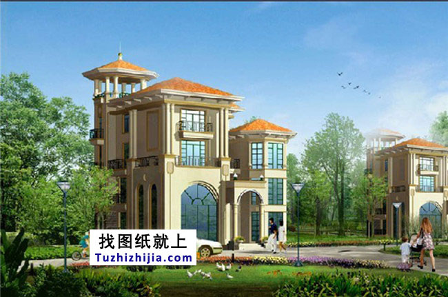高档四层带塔楼欧式别墅设计图纸