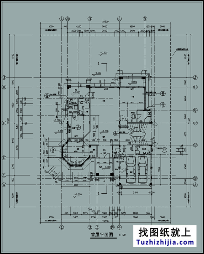 造价:70万,农村三层尖屋顶带车库的别墅设计图,18X20米280平方米