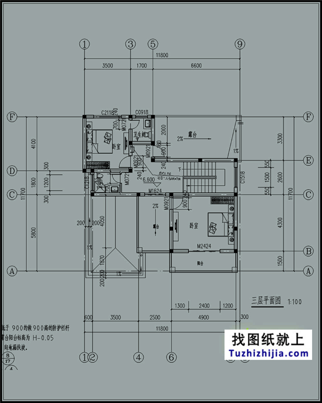 140平方米新农村三层别墅设计建筑图纸及外观效果图,12x12米
