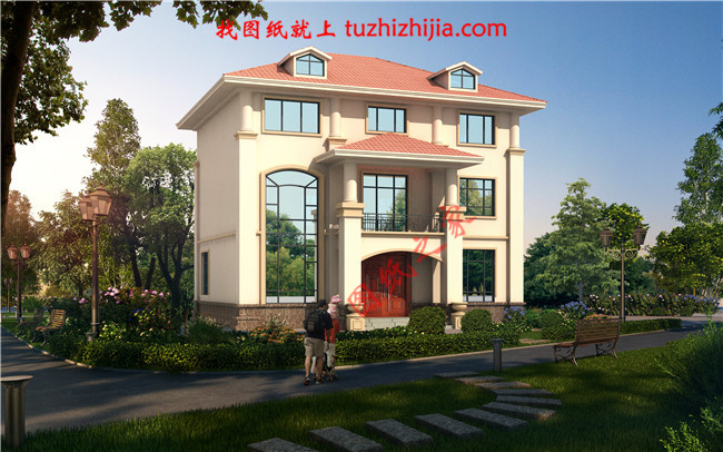 三层自建别墅设计图纸，复式结构客厅中空极大的增加了客厅的开阔度