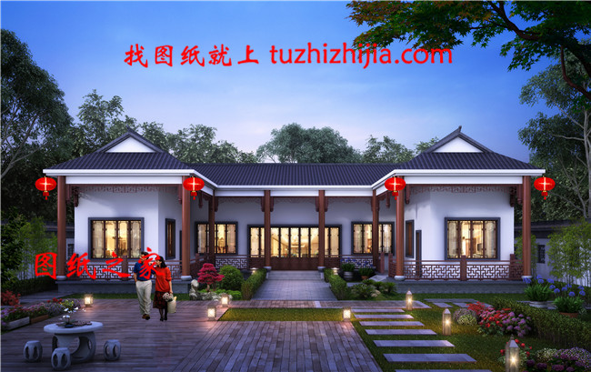 2019中式农村一层三合院效果图及施工图，带堂屋，比别墅舒服