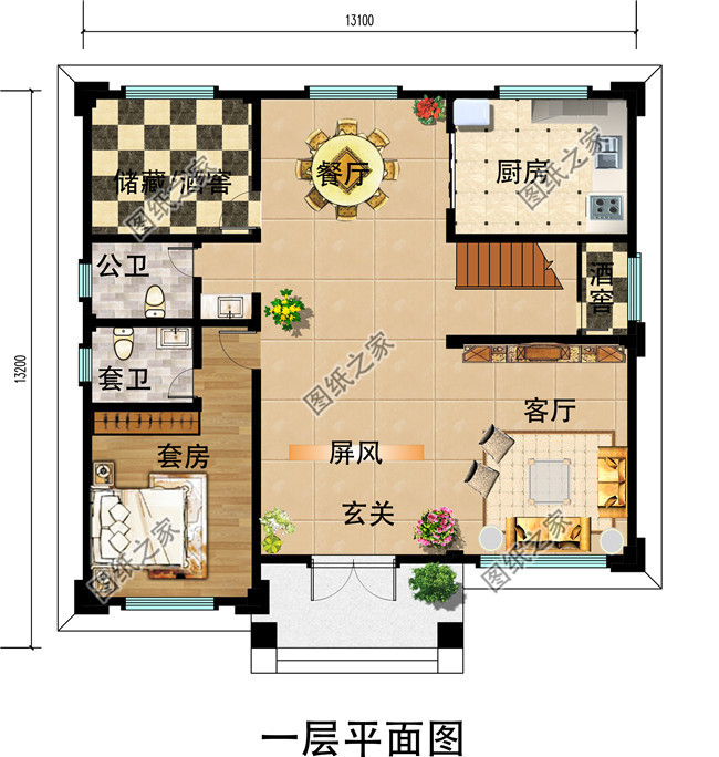 150平方米新农村中式二层楼房设计图纸及效果图，13X13米