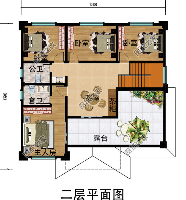 150平方米新农村中式二层楼房设计图纸及效果图，13X13米