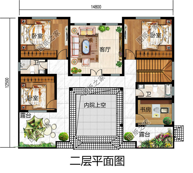 小户型二层四合院别墅设计图，含外观效果图，小宅基地选择