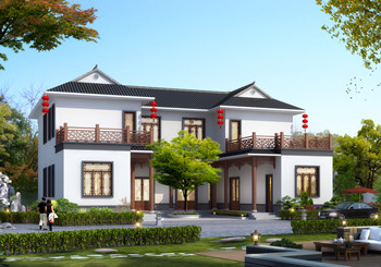农村二层中式三合院别墅设计图，带庭院自建房户型图