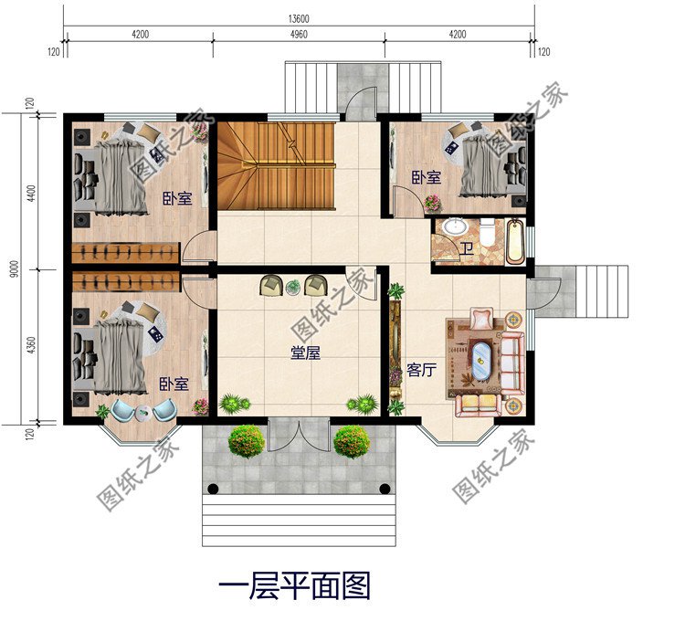 带堂屋二层小别墅设计图纸带外观图,17米x11米