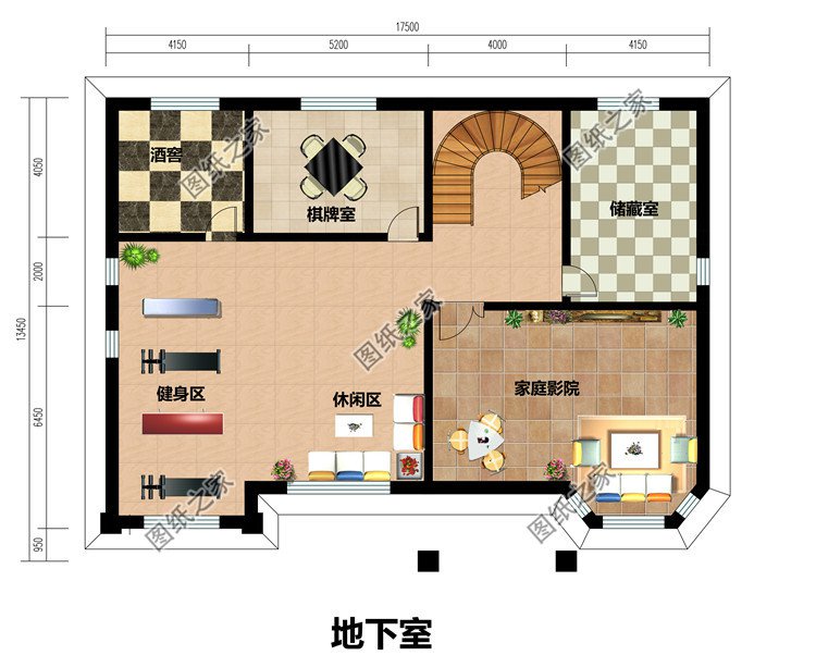 带地下室的二层复式乡村别墅设计图纸，有酒窖、家庭影院室等