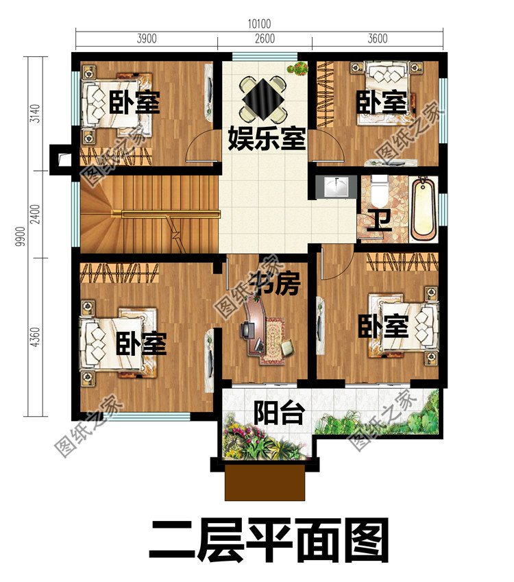 100平实用二层半小别墅二层平面图