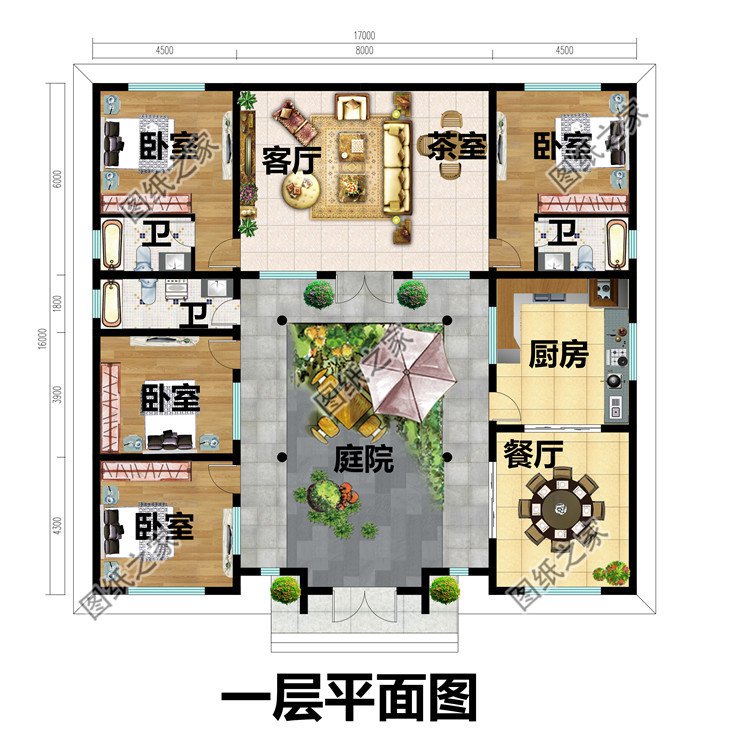 农村一层中式三合院别墅设计