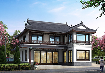 <b>仿古中式七字形二层小别墅设计图纸，L型自建房推荐</b>