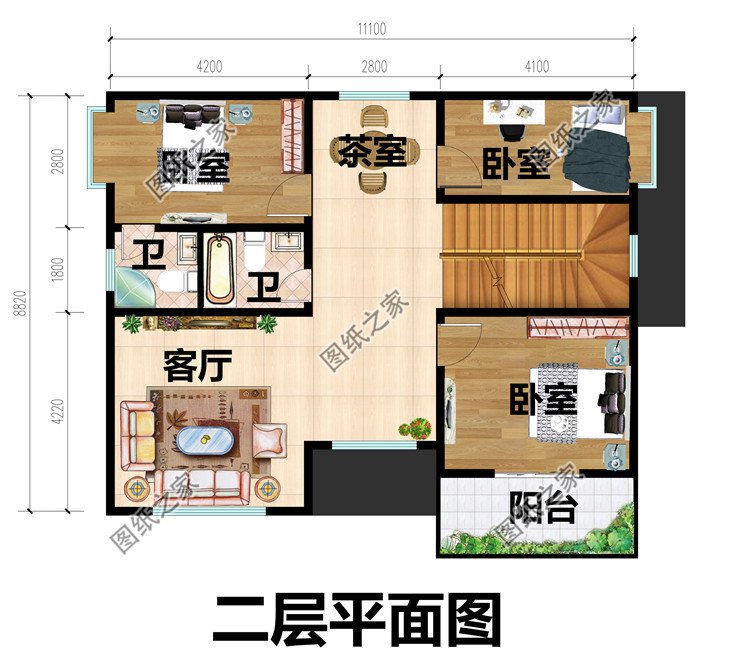 面宽11米现代风二层小别墅二层平面图