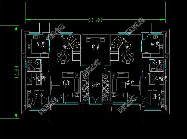 20米×13米三层双拼别墅设计图一层